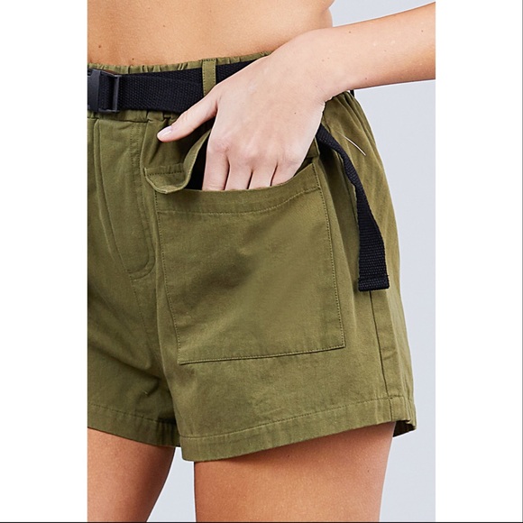 Olive Belted Side Pocket Cargo Cotton Short Pants - Picture 5 of 6